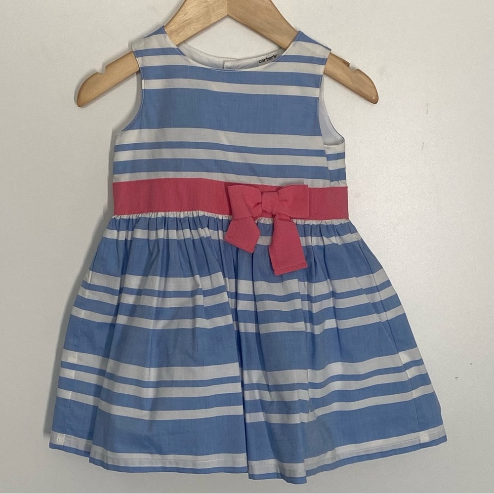 Carter’s Blue Stripe Cotton Dress with Pink Grosgrain Ribbon size 9 months
